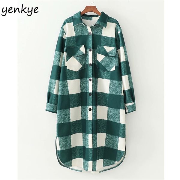 

fashion women vintage plaid woolen coat lady long sleeve lapel collar pockets casual streetwear outerwear plus size winter 210514, Black