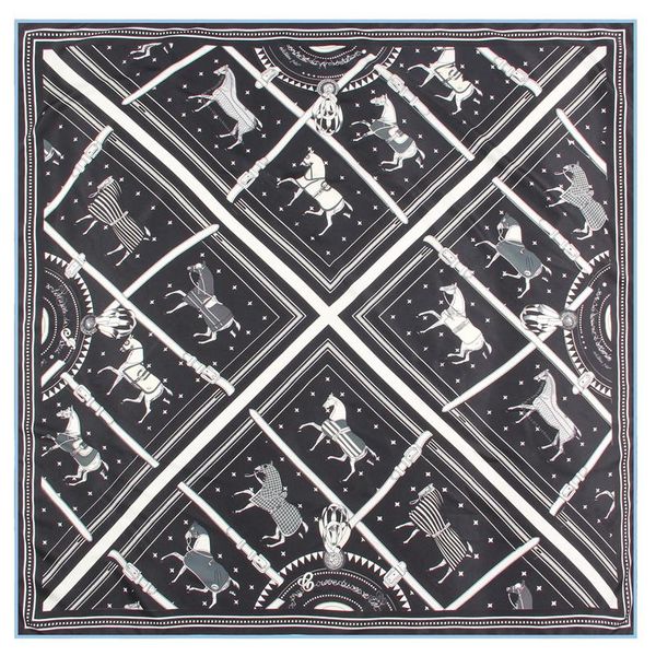 

scarves pobing manual hand rolled twill silk scarf women horse plaid square echarpes foulards femme wrap bandana hijab 90cm, Blue;gray