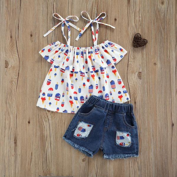 

clothing sets infant t-shirt + shorts, ice cream print independence day decoration elastic waist summer outfits baby girl clothes, White