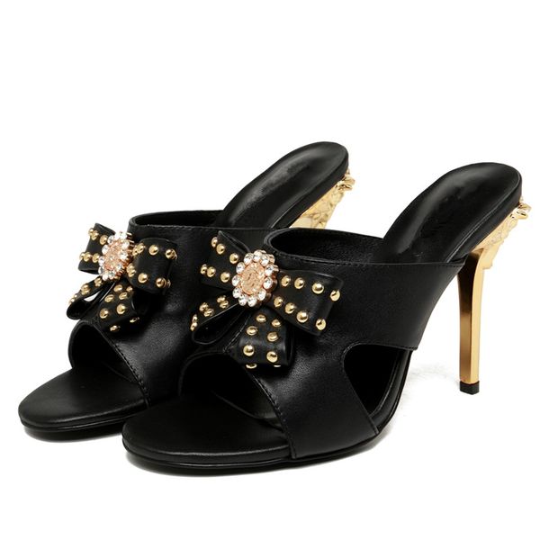 

women super high heel slippers 2021 brand style bowknot diamond design stilettos luxury fashion trend dress shoes, Black