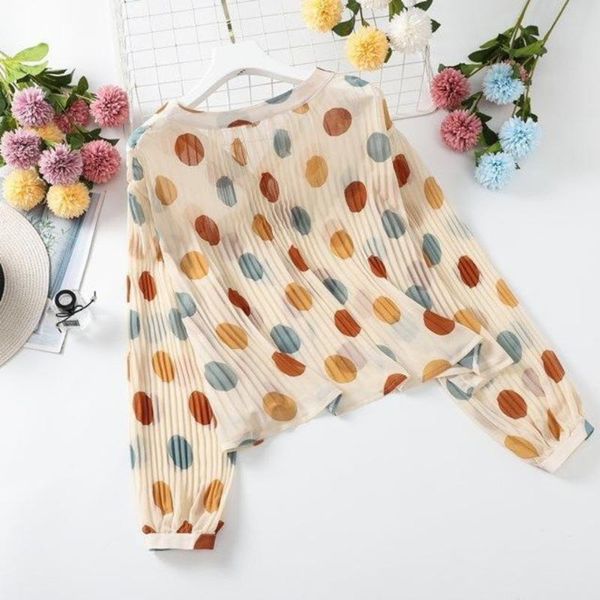 

women's blouses & shirts add large size sunscreen clothes fat mm summer pleated dot shirt lantern sleeve loose chiffon jacket, White