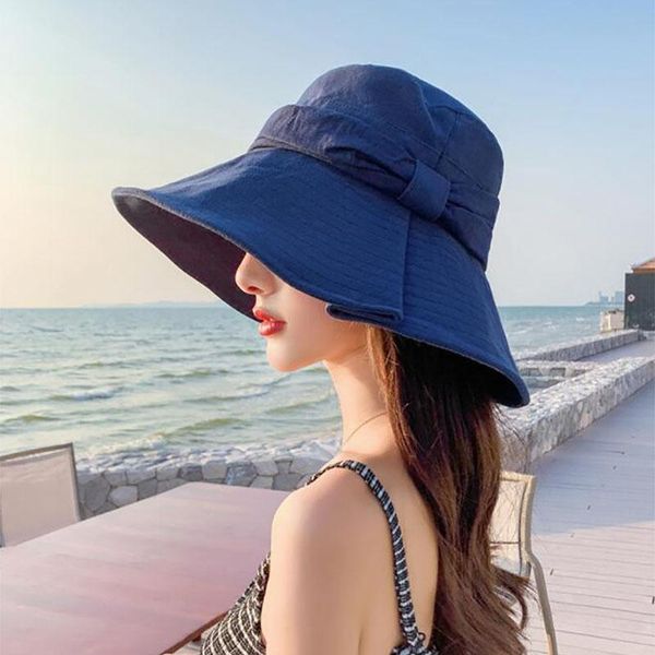 

fashion summer women sun hats foldable bucket hat big brim bowknot anti-uv outdoor shopping beach female sunscreen cap wide, Blue;gray