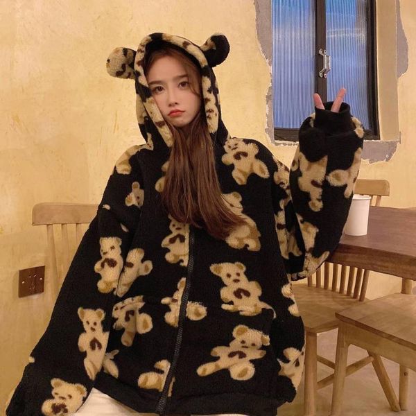 

women's jackets combhasaki female coat cartoon bear print long sleeve hooded greatcoat jacket with zipper for fall winter, Black;brown