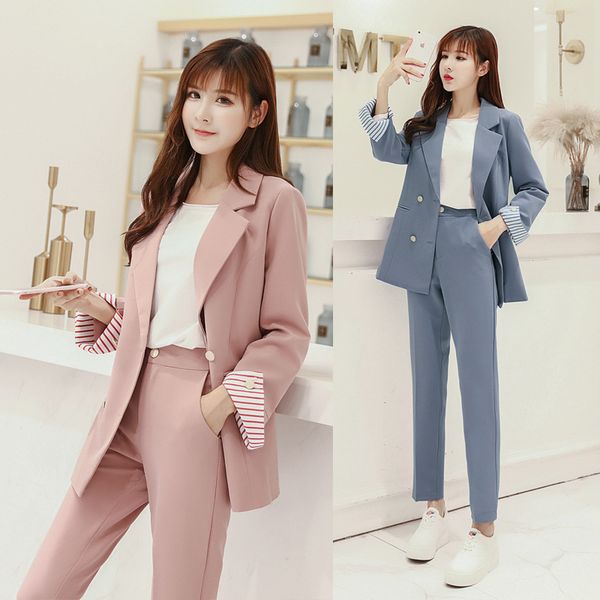 

striped sleeve double breasted women pant suits notched blazer & high waist pencil solid ol style female 2 pieces set 210518, White;black