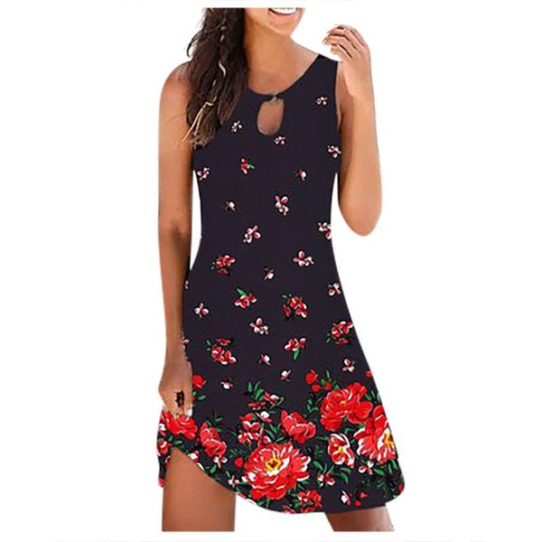 

casual dresses floral dress woman 2021 sleeveless round neck midi summer a-line tank women beach sundress robe femme vestidos, Black;gray