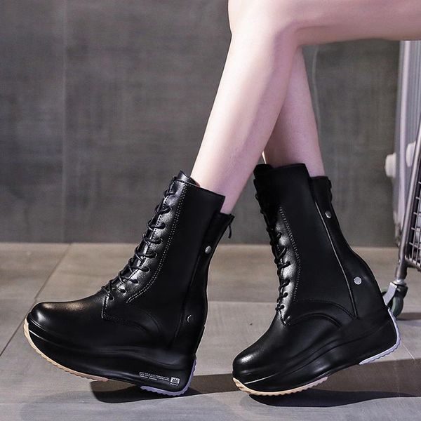 

boots women's british style thin 2021 spring and autumn single thick bottom increased white in the tube, Black