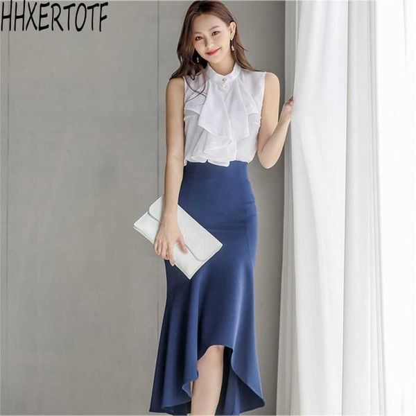 

summer 2 pieces set women ruffles sleeveless shirts + high waist irregular skirts sets 210531, White