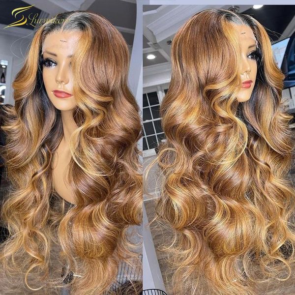 

lace wigs ombre highlight honey blonde body wave full frontal human hair for black women straight 613 hd transparent 13x6 wavy, Black;brown