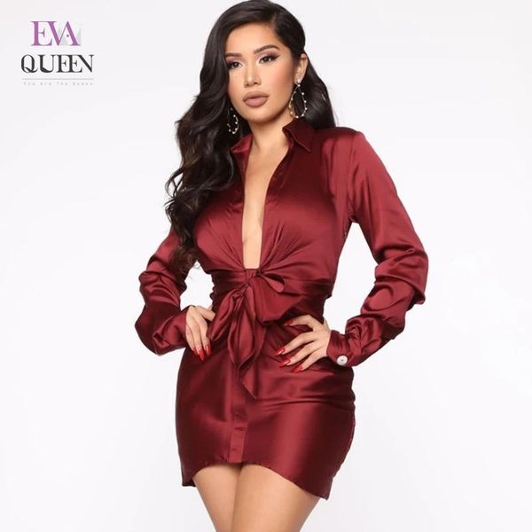 

evaqueen solid satin mini dress women autumn long sleeve turn-down collar bodycon dresses v neck bow tie club party casual, Black;gray