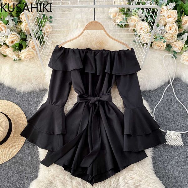 

slash neck flare sleeve jumpsuits spring bow tie slim waist women romper wide leg shorts bodysuits 6e449 210603, Black;white