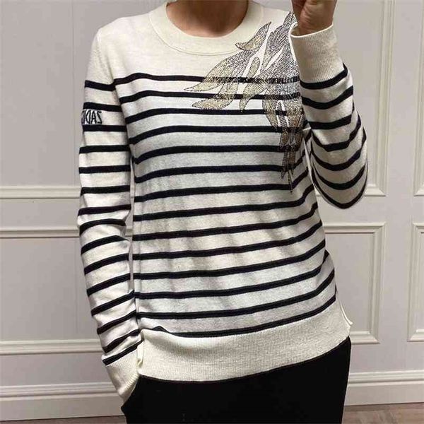 

100% cashmere pullovers autumn / winter women's o- neck black/ white striped long-sleeved knitted sweater 210805, White;black