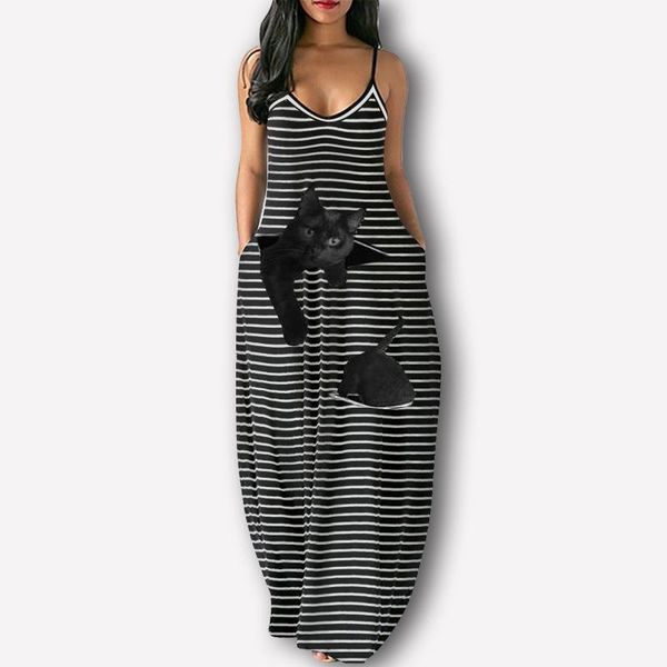 

casual dresses vintage women's maxi dress plus size cat striped print long off shoulder spaghetti strap elegant streetwear vestidos, Black;gray