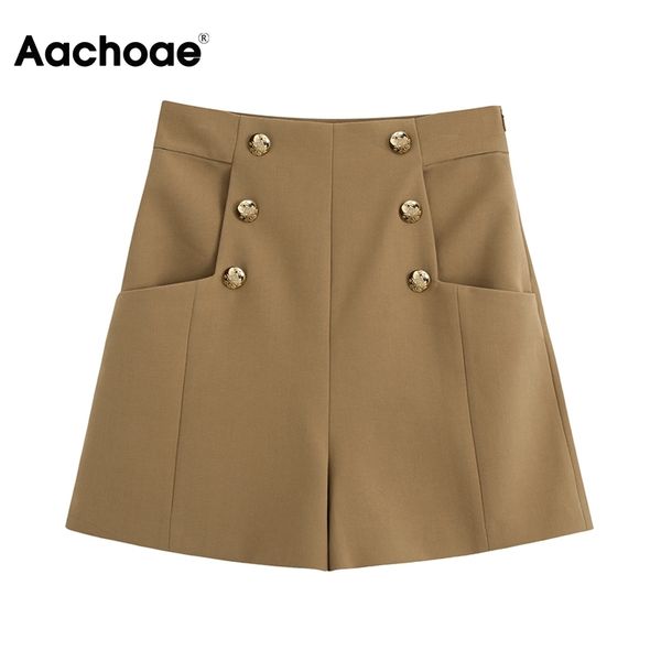 

aachoae summer elegant brown color shorts women button retro shorts female baggy pleated office wear ants spodenki damskie 210413, White;black