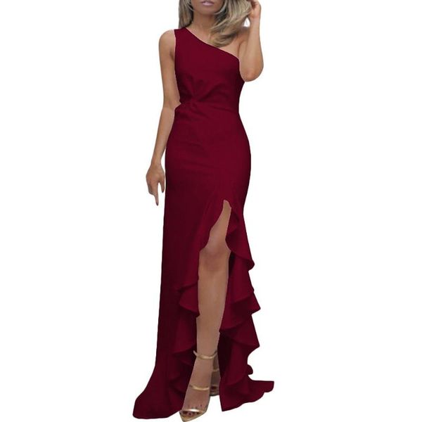 

casual dresses #50 womens one shoulder ruched ruffle formal evening dressslim maxi women autumn dress vestido de mujer, Black;gray