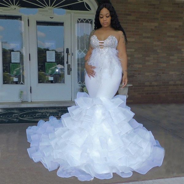 

white mermaid wedding dress african black girls organza bridal dresses for bride sweetheart luxury crystals beads with feathers