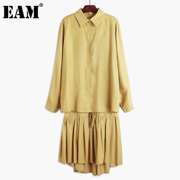 

[eam] silky pleated half-body skirt two pieces suit lapel long sleeve loose women fashion spring summer 1dd8254 210512, White