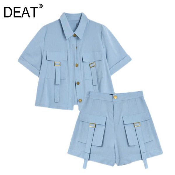 

[deat] women summer fashion short sleeve single-breasted shirt solid color shorts two-piece suit 13q453 210527, White