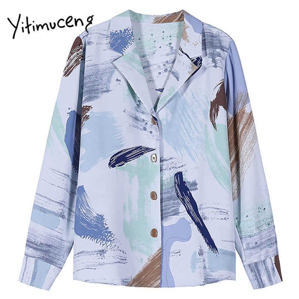

yitimuceng print button blouse women shirts loose spring fashion korean long sleeve notched single breasted casual 210601, White
