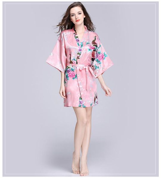 

women's sleepwear female kimono bathrobe gown print flower nightdress silky bride wedding robe soft home clothes pajamas, Black;red