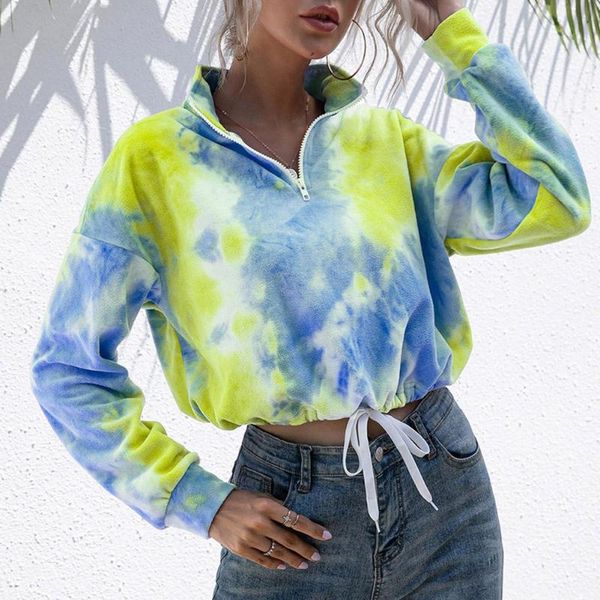 

women's hoodies & sweatshirts autumn winter long sleeve stylish women stand collar zipper sweatshirt tie dye drawstring short hoodie, Black