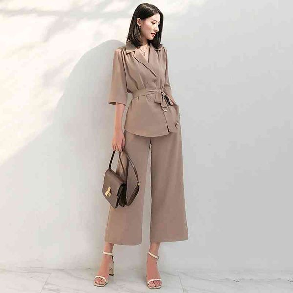 

stylish designer runway pants suit set office ladies chiffon notched belt blazer high waist pant solid khaki women feminino 210608, White
