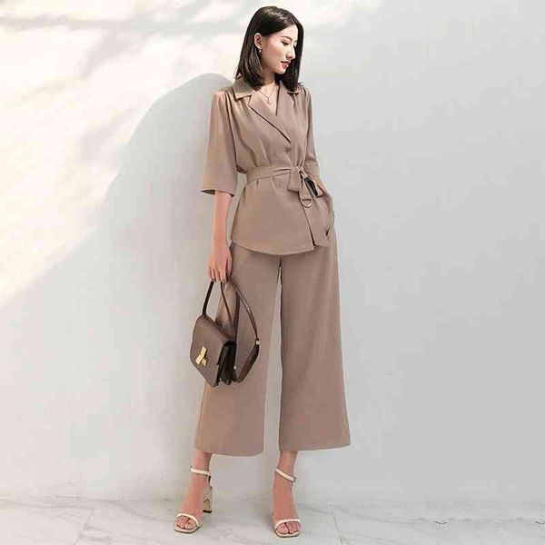 Elegante Designer Pants Pants Conjunto Set Office Senhoras Chiffon Cinto Notched Brazer Cintura Alta Cantão Sólida Khaki Mulheres Feminino 210608