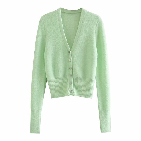 Casual Mulher v Neck Diamante Botão Molha Cardigan Primavera Moda Senhoras Luz Verde Soft Knitwear Grils Sweet Sweaters 210515