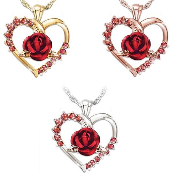 

chains heart rose pendant necklaces for women girl gold color chain charm crystal female jewelry accessories valentine's day gift, Silver