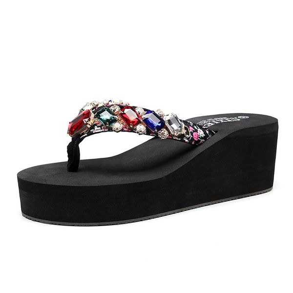 

luxury slippers high beach women's sho anti slip slope heel thick bottom flip flops fashion trend personalized sandals, Black