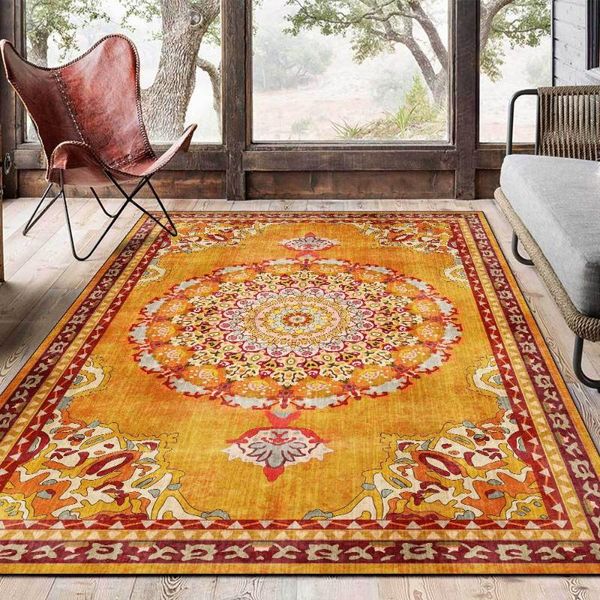 

retro persian living room area rugs light luxury golden yellow flower printed carpet bedroom bedside kitchen non-slip floor mat carpets