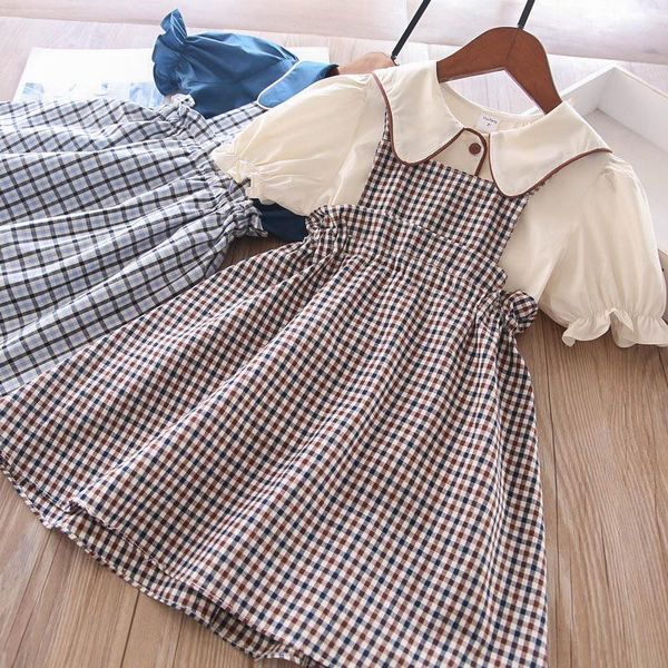 

girls sets lapel tshirt and plaid dress children's wear wholesale clothing, White