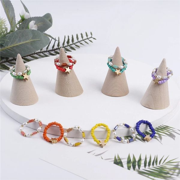 

korea 3pcs set elegant cute trendy star handmade beaded ring for women girls acrylic pearl rice beads finger rings party jewelry, Silver