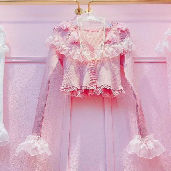 

women's knits & tees 2021 fall arrival slim v-neck ruffle women buttons sweater elastic flare sleeve knitted cardigans long, White