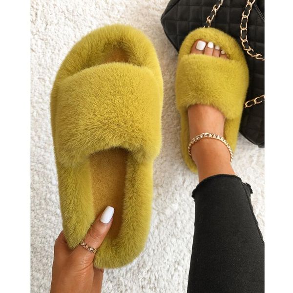 

slippers women faux fur slides furry fluffy flip flops slip on flats cute ladies house plush home cozy warm shoes, Black