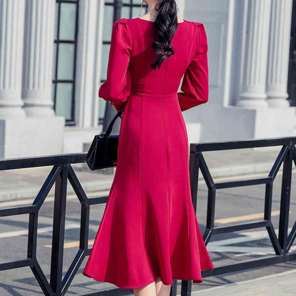 

dresses 2021 vintage red women spring square collar mermaid es korean mid-calf ol casual work party vestidos, Black;gray