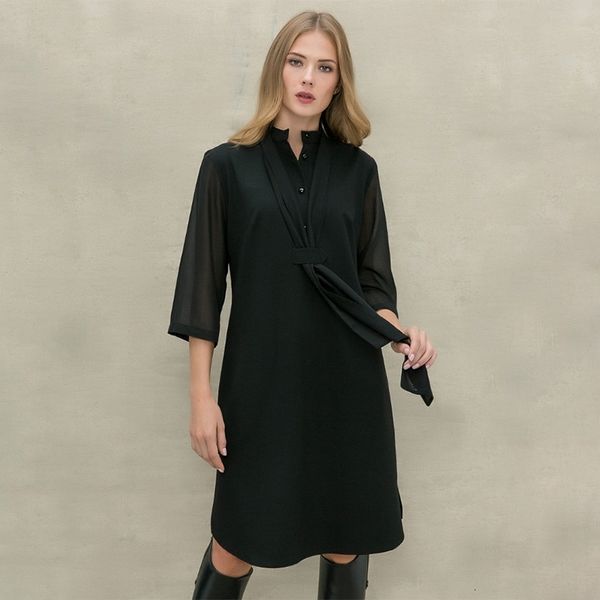

casual dresses women black pocket necktie party split seven sleeve stand collar loose new fashion knee vintage 9rb7, Black;gray