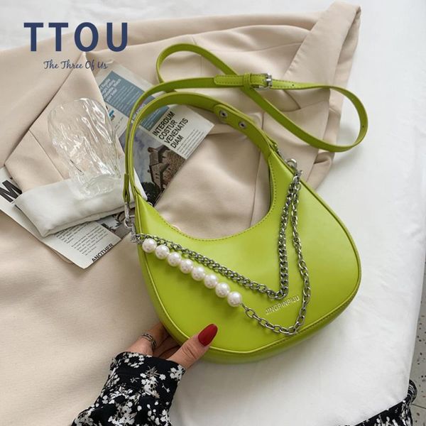 

evening bags half-moon pu leather crossbody shoulder for women 2021 fashion pearl chain underarm handbag lady small tote