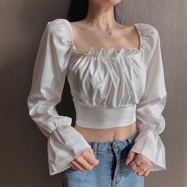 

women blouse off shoulder long sleeve solid color white shirt puff sleeve ruffle tunic crop summer tube