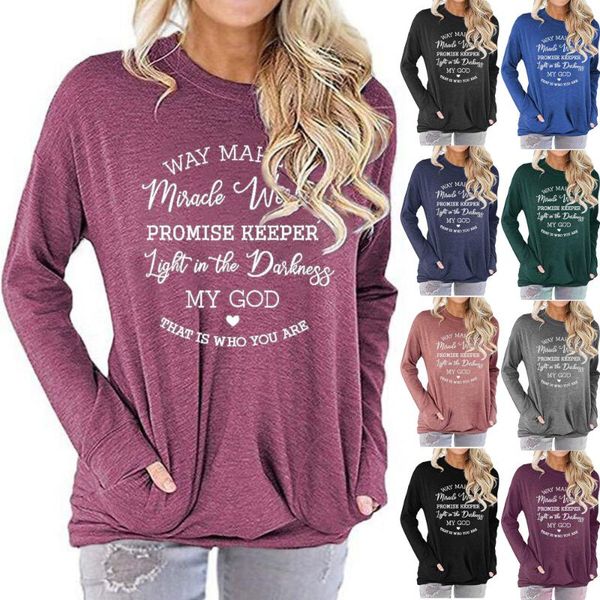 

women's t-shirt carney cross border european and american amazon fun letter round neck pocket long sleeve, White