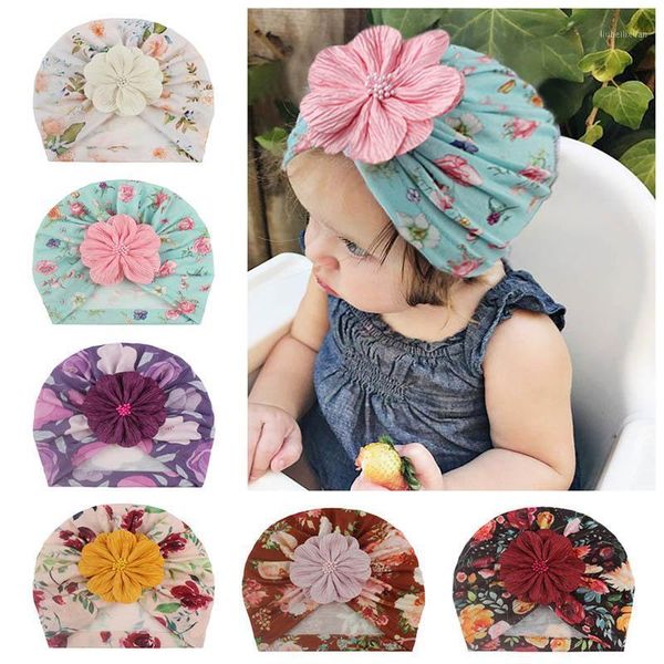 

caps & hats flower printed baby hat autumn winter kids girl bonnet cap elastic infant turban toddler beanies headwrap accessories1, Yellow