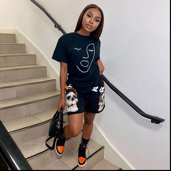 

aesthetic print 2 piece womens tracksuits joggers overalls set short sleeve t shirt shorts lounge wear matching sets, Gray