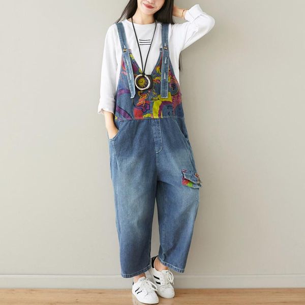 

women's jumpsuits & rompers denim jumpsuit women loose plus size jean ladies clothes overalls casual wide leg vintage printed pants, Black;white