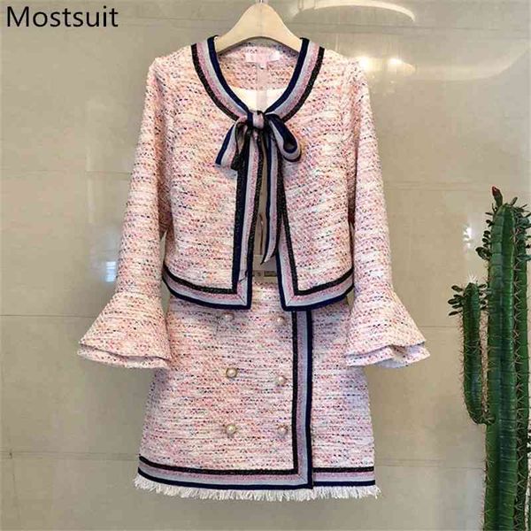 

elegant vintage two piece skirt suits sets women autumn winter flare sleeve bow coat + double-breasted ladies outfits 210518, White