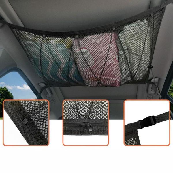 

car organizer portable ceiling storage net double-layer pocket roof interior cargo bag trunk pouch sundries