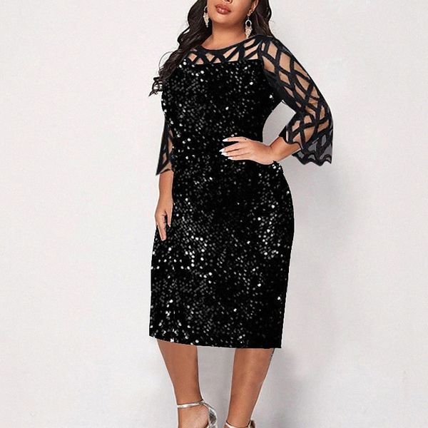 

women's plus size sheath dress solid color round neck sequins 3/4 length sleeve fall spring work casual prom dress midi dress party dai, Black