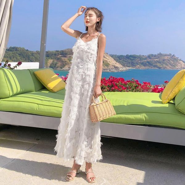 

casual dresses chiffon fringe feather v-neck female summer backless spaghetti strap beach seaside vacation fairy bohemian aerz, Black;gray