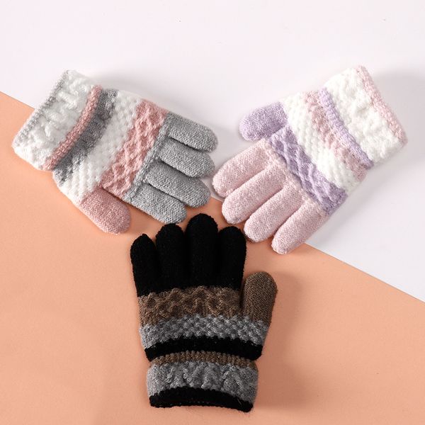 

kids winter warm gloves girls boys soft knitted mittens striped children full finger gloves for 3-8y, Blue;gray