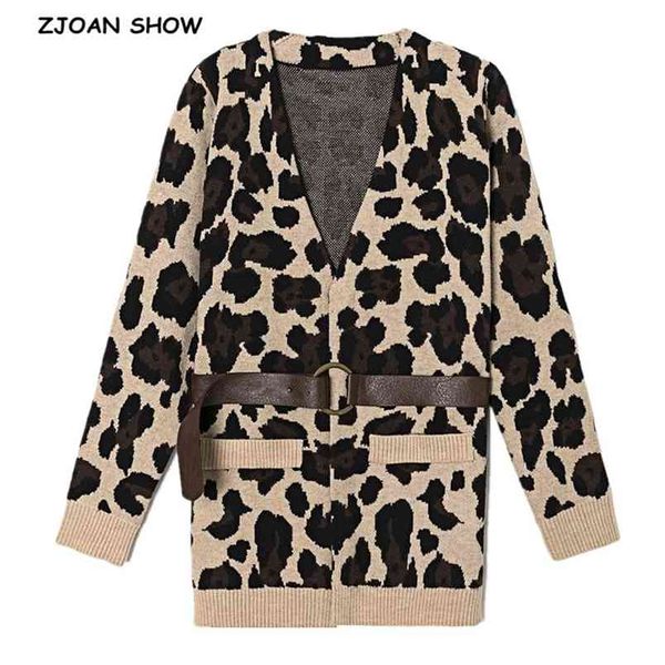Французский с поясом вязаный леопард кардиган винтажный свитер животных ретро женщина с длинным рукавом джемпер трикотаж 210429