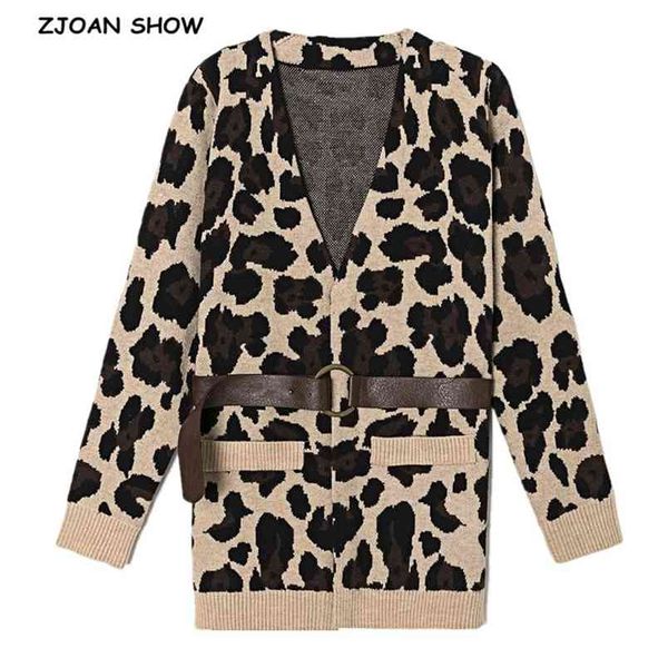

french with belt knitted leopard cardigan vintage animal sweater retro woman long sleeve jumper knitwear 210429, White;black