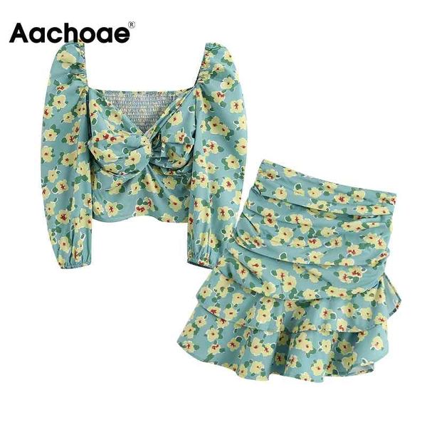 

aachoae bohemian floral print two piece skirt set women backless short +ruffles high waist a line mini skirt sets 210413, White